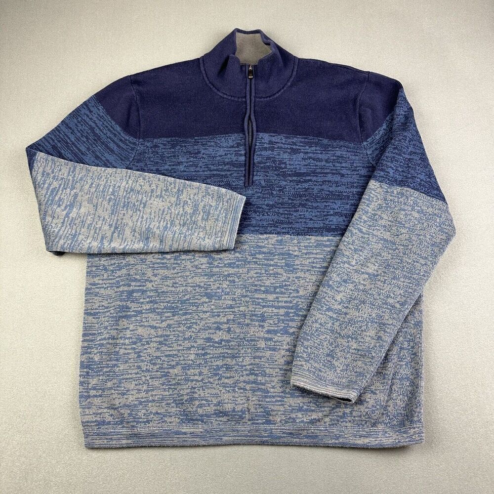 REI Quarter Zip Pullover Sweater Mens L Heather Blue Striped Knit Preppy Gorp